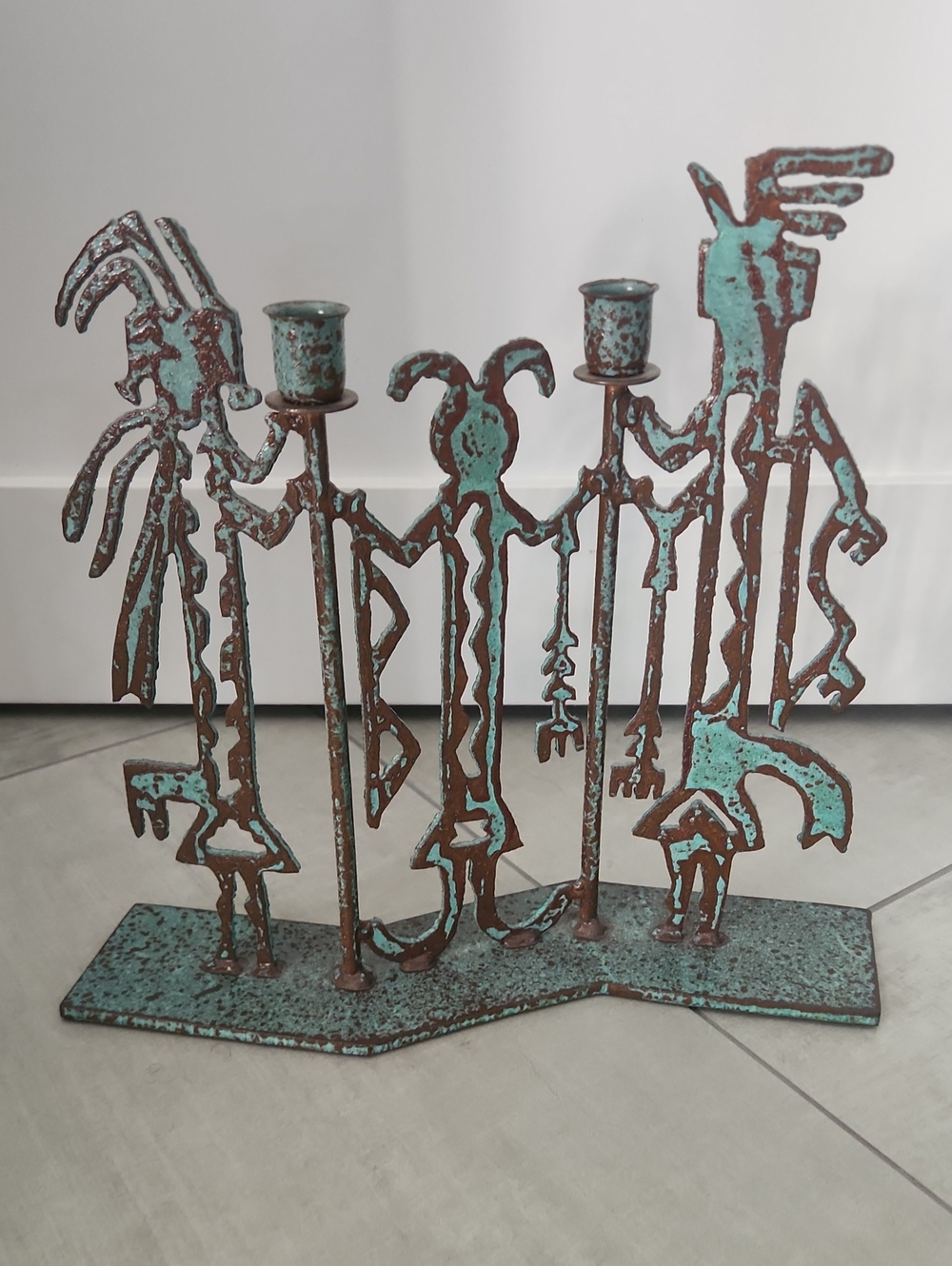 Vintage Kokopelli Iron Verdigris Double Candle Holder Native American Southwest